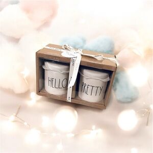 Rae Dunn by Magenta HELLO PRETTY Ceramic 2pc Mini Canisters w/black heart topper